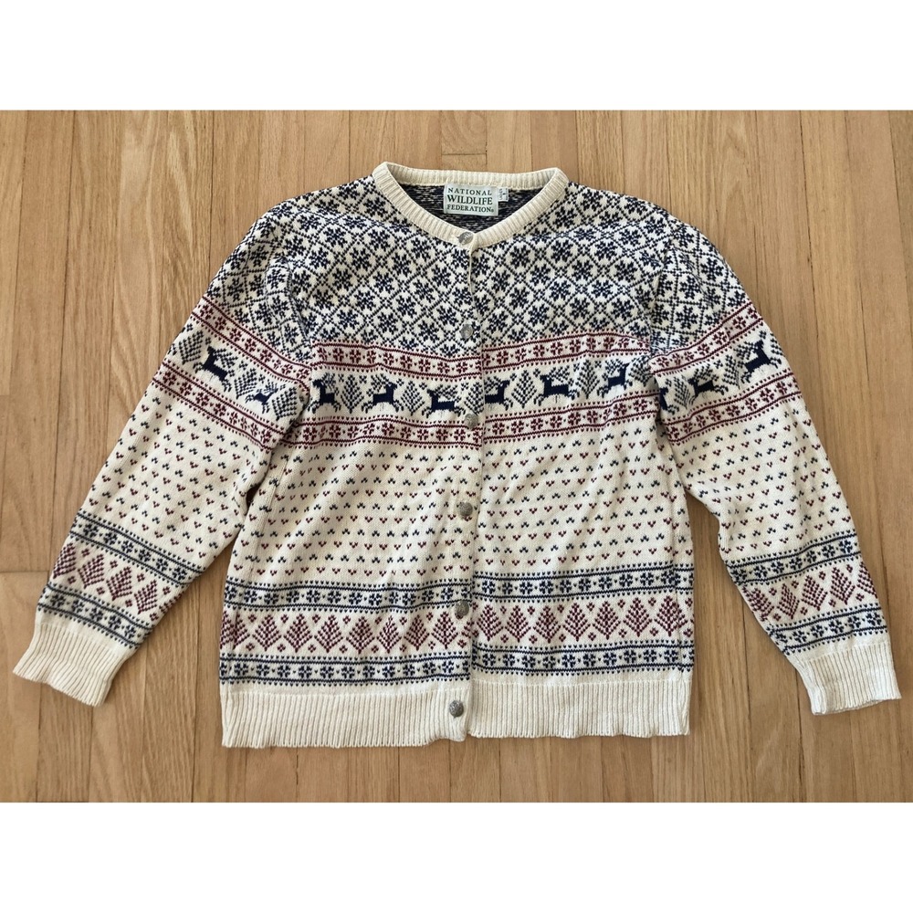 Rare VTG Small National Wildlife Federation Reindeer Fair Isle Cotton Cardigan